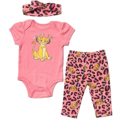 Disney Lion King Simba Newborn Baby Girls 3 Piece Outfit Set: Cuddly Bodysuit Fashion Pants Headband Pink 6-9 Months