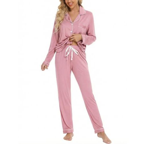 Leikar Button Up Pajama Set For Women Long Sleeve Shirt And Pajama Pants Soft Pjs Lounge Sets