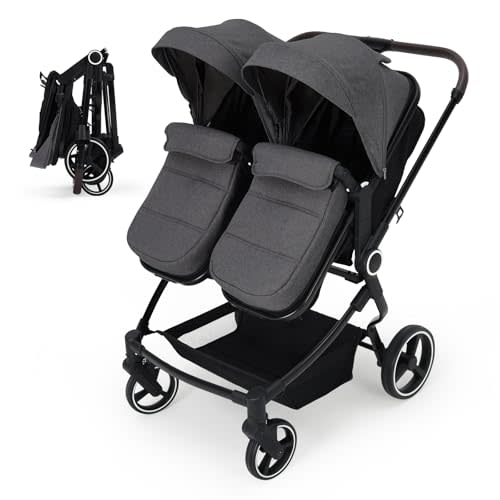 Tandem Double Stroller for Newborn and Toddler, Lightweight Compact Fold Stroller with Adjustable Recline & Canopy, Parent Cup Holders for Twins Infant Kids Travel, Dark Gray