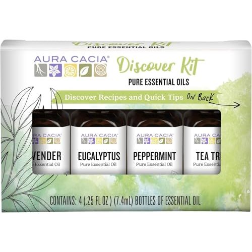 Aura Cacia Discover Essential Oils Kit, 4-Pack, Lavender, Eucalyptus, Peppermint & Tea Tree Oils, Excellent Starter Set