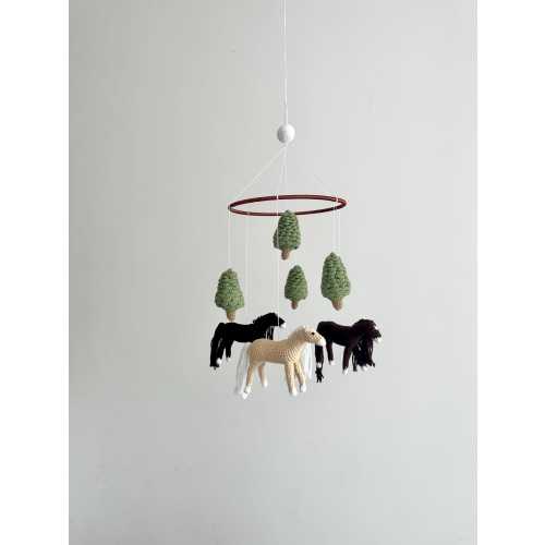 Handmade horses with pine tree baby mobile, crochet horses baby nursery, crochet pine tree, crochet horse theme baby mobile, shower gift