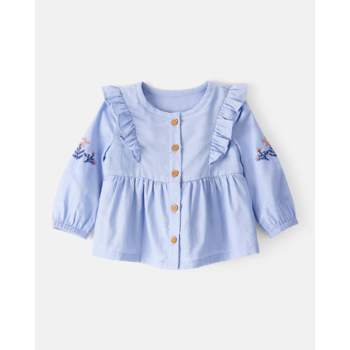 Baby Girl Embroidered Cotton Long-Sleeve Top - Blue, 9M