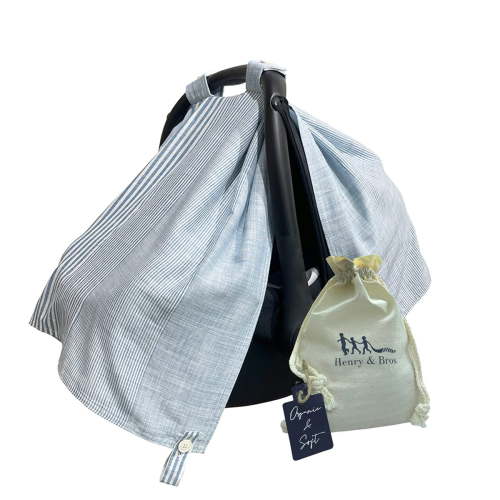 Henry&Bros. Baby Car Seat Cover - 5 in 1 Carseat Canopy and Nursing Cover - 100% Organic Cotton Breathable Privacy Shade (Blue and White Stripe)