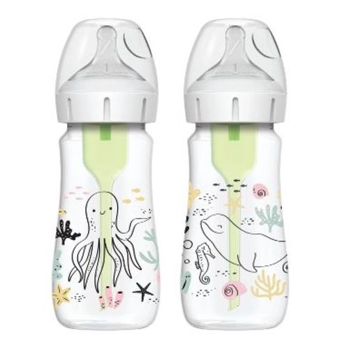 Dr. Brown's Anti-Colic Options+ Wide-Neck Baby Bottle - Ocean Designs - 9 fl oz/2pk: BPA-Free, Silicone Nipple, Level 1 Slow Flow