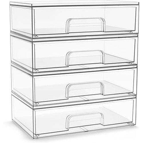 Sorbus Acrylic Storage Containers - 4 Pack, Stackable Storage Bins Set for Bathroom Organization - Clear Acrylic Drawer Organizers - Makeup Case Pull-Out Drawers (12.1’’ Wide)