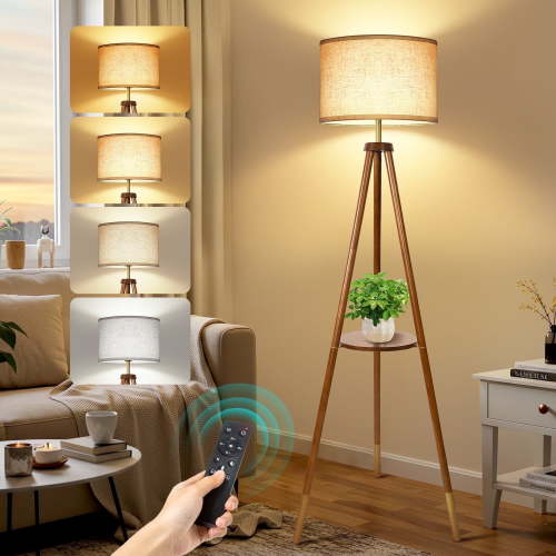 OUTON Wood Tripod Floor Lamp with Shelves, Dimmable Standing Lamps with Remote Control, Modern Shelf Floor Lamp for Living Room, Bedroom, Office, LED Bulbs Included