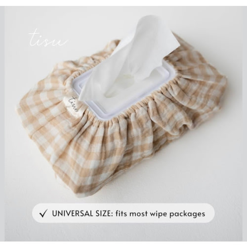 Baby Wipes Cover – Universal Size, One Size Fits All Wipes Packages | Muslin Cotton Tissue Cover for Nursery, Diaper Bag & Changing Table, Station | Gingham & Neutral Patterns (Beige Gingham)
