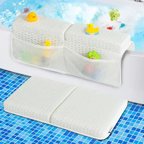 Baby Bath Kneeler and Elbow Rest Pad Set, 1.5'' Thick Quickly Dry bathtub Kneeler Pad with Baby Toys & Bath Accessories Organizer, Bath Kneeling Pad and Elbow Pad for Baby Tub,Non-Slip Bath Mat(White)