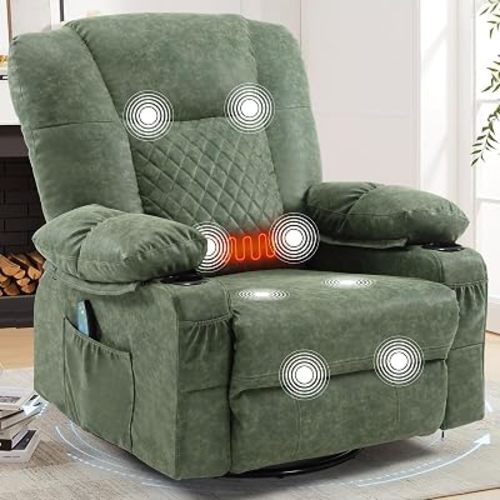 Oversized Swivel Rocking Recliner with Heat Massage Nursery Rocker Green
