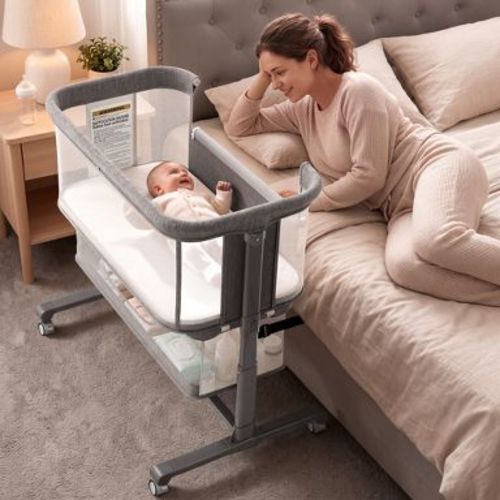 TODECARE 3-in-1 Convertible Baby Bassinet Bedside Sleeper with Adjustable Height, Wheels & Mosquito Net, Gray
