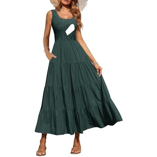 Women's Nursing Dresses Smocked Crew Neck Summer Sleeveless Tiered Maxi Dress with Pockets