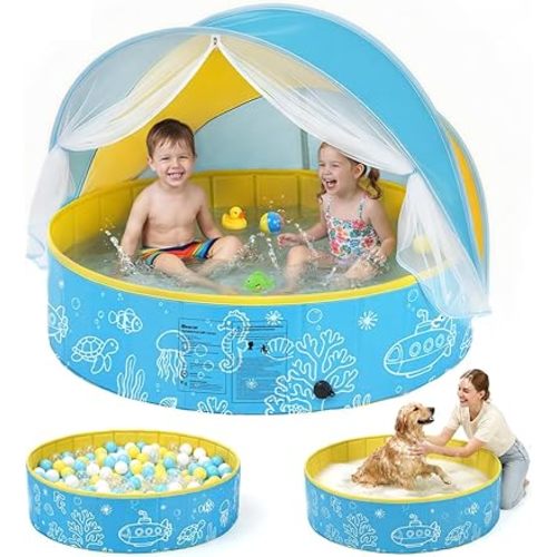 Foldable Kiddie Pool with Canopy, 47IN Portable Hard Plastic Kids Baby Swimming Pool, Sunshade & Non-Slip Beach Tent for Kids Ages 2-6, Outdoor Backyard Graden Water Play