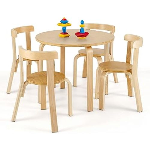 Costzon Kids Table and Chair Set, 5-Piece Wooden Activity Table w/ 4 Chairs, Toy Bricks, Classroom Playroom Daycare Furniture for Playing, Drawing, Reading, Bentwood Toddler Table & Chairs (Natural)