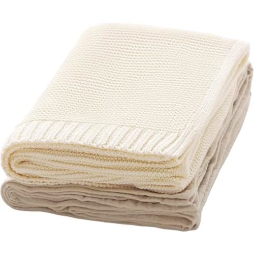 2-Pack Premium Baby Blankets, Soft Textured Knit Swaddle Blanket & Natural Muslin Cotton Receiving Blanket, Lightweight Wrap for Newborn Boys Girls, Thoughtful (Beige)