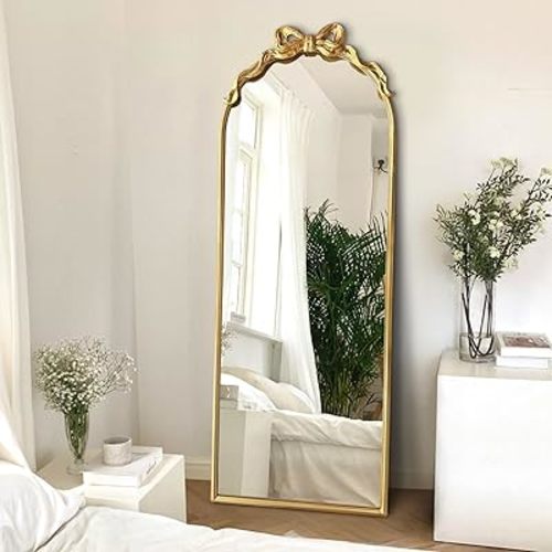 Gold Bow Full Length Mirror Arch Wall-Mounted Floor Standing Dressing Decor Mirror for Bedroom Living Room Home Decor
