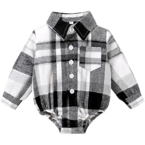 HAPPYMA Newborn Baby Boy Girls Plaid Outfit Flannel Romper Tops Infant Long Sleeve Button Down Plaid Casual Bodysuit Clothes