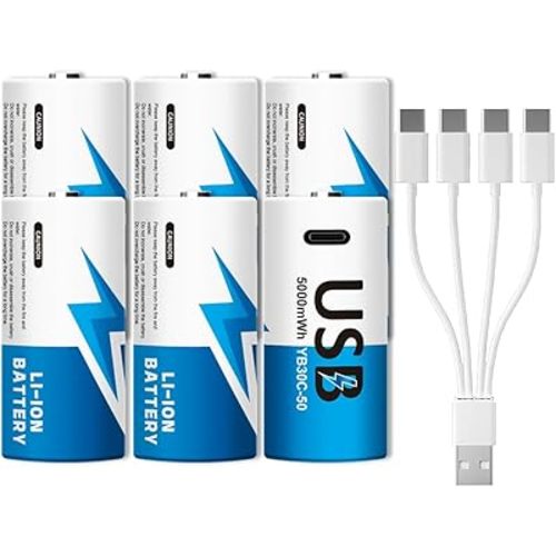 Rechargeable Lithium C Batteries with 2 in 1 USB-C Charge Cable, C Cell Li-ion Battries, LR14 1.5V C Size Cell Battery Replacement 5000mWh for Floodlights, Remote Controls, Radios, Clocks, Toys(6 Pcs)
