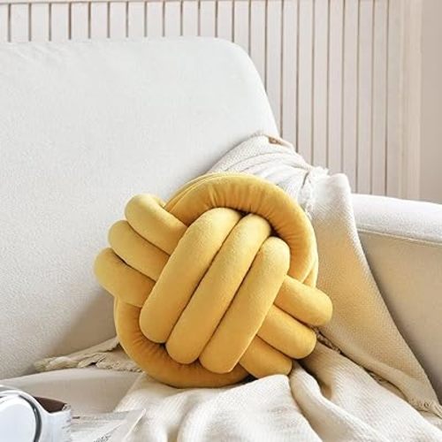 Yellow Knot Ball Pillow, Soft Plush Knotted Pillow Cushion Decorative Throw Pillow, 8 Inches Round Pillow Knot Decor Gift