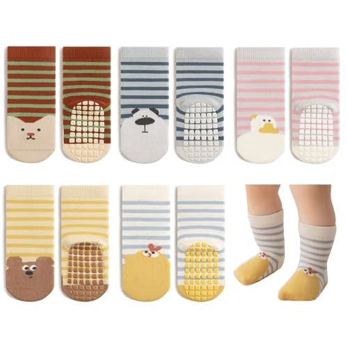 Exegawe Toddler Non Slip Socks, Cute Baby Socks with Grips Crew Socks 5 Pairs