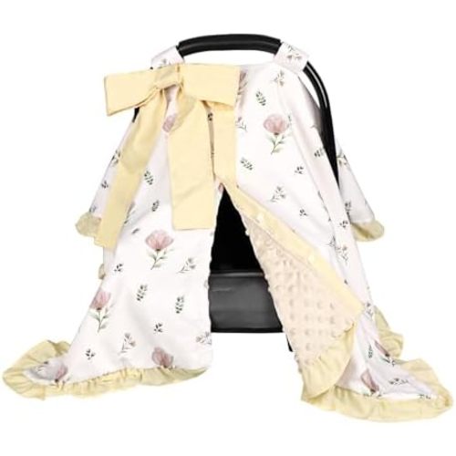Soft Baby Car Seat Cover for Girls, Ruffle Carseat Covers for Baby Girls, Comfortable Baby Car Seat Canopy Cover with Removable Bow, Floral