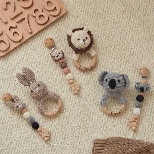 Personalized Pacifier Clip with Matching Crochet Animal Rattle, Custom Baby Gift Set, Baby Shower Gift for New Parents