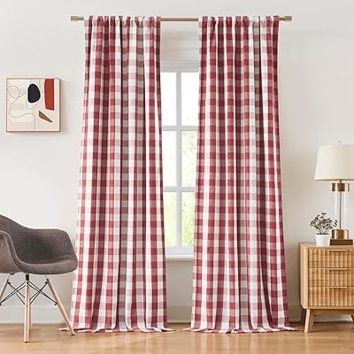Red White Buffalo Plaid Full Blackout Curtain Panels 84 Inches Length,Farmhouse Gingham Drapes,Thermal Insulated Window Treatment for Bedroom,Rod Pocket Back Tabs,40" Wx84 Lx2