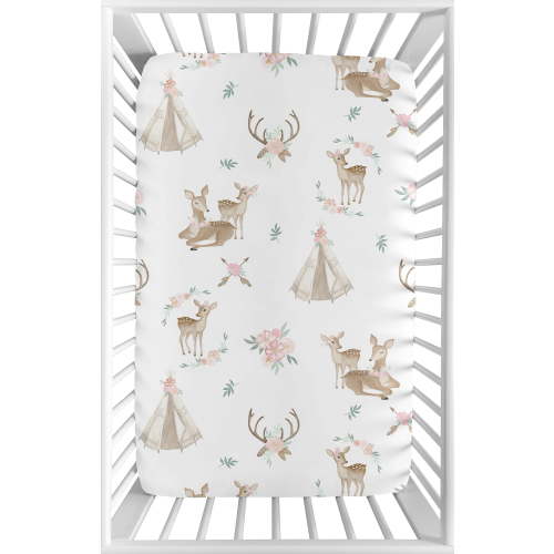 Woodland Deer Floral Pink Mint Mini Fitted Crib Sheet by Sweet Jojo Designs