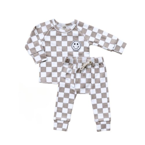 Checkered Smiley Lounge Set | Latte