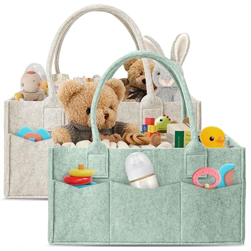 HIPHOP PANDA 2-Pack Diaper Caddy Organizer - Nursery Storage Bin & Car Organizer for Diapers, Wipes, and Baby Essentials - Dual-Color Solid Set (Green/Oatmeal), Regular Size