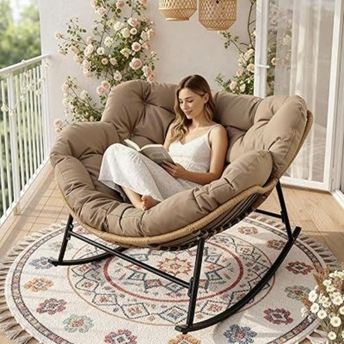 FINCATI Papasan Rocking Chair Indoor Outdooor, Oversized Wicker Recliner with Cushion and Frame, 450 lbs Heavy Duty Large Big Lounge Egg Chairs, Comfy Patio Rocker for Balcony Porch Garden Living Room