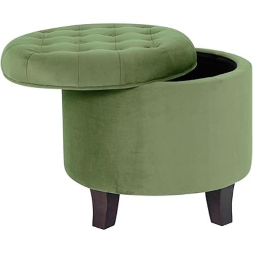 HomePop by Kinfine Fabric Upholstered Round Storage Ottoman - Velvet Button Tufted Ottoman with Removable Lid, Dark Green Small