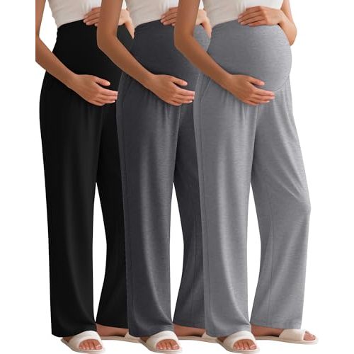 Sweetyweee 3 Pack Women's Maternity Pants Over The Belly Pregnancy Pants Stretchy Loose Wide Leg Lounge Pajama with Pockets