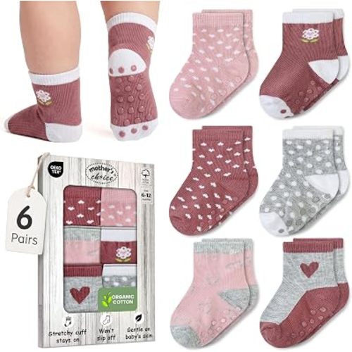 Mother's Choice Baby Socks 6-12 Months 6 Pairs Organic Cotton Blend Infant Socks Stay-On for Crawling & First Steps OEKO-TEX Certified Baby Gift