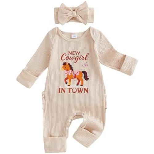 FYBITBO Newborn Girl Clothes Infant Cowgirl Romper Ribbed Knit Jumpsuit Western Baby Clothing Preemie Going Home Outfit