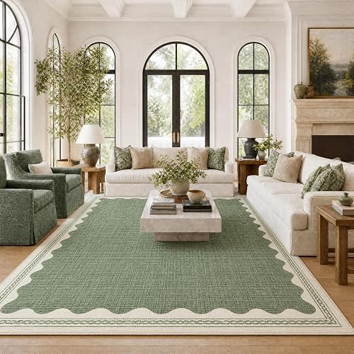 GarveeHome Scalloped Sage Green 8x10 Rug for Living Room Washable Non-Slip Solid Modern Minimalism Low-Pile Carpet 8 x 10 Rug for Bedroom Dining Nursery Mat with Rubber Back