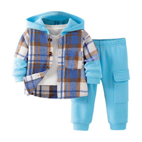 Ketyyh-chn99 Baby Boy Sets Boys Clothes 2 Piece Baby Boys Outfits Plaid Hooded Toddler Boys Top Pants Set Long Sleeve Clothing Size for 9-12 Months,Blue