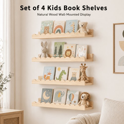 Morave Scalloped Wood Floating Wall Shelves, 4 Pack, 16.5 in, Decor Storage for Nursery, Kids Bedroom
