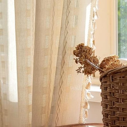 Deeprove Ivory Boho Curtain 84 inches Long for Living Room Bedroom, Vintage Aesthetic Sheer 84 inch Length Beige Cream Stripe Embroidery Privacy Window Tassel Decor W52 x L84, 1 Panel