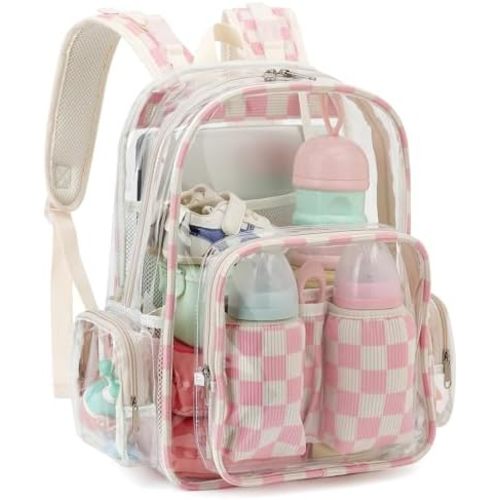 Clear Baby Diaper Bag Backpack for Mom, Large Capacity Travel Nappy Bag for Boys & Girls with Stroller Straps (Corduroy Checkered Pink)