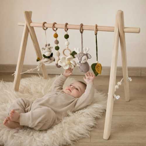 Wooden Baby Play Gym - Baby Montessori play toys, Hanging Crochet toys, Baby shower gift for newborn
