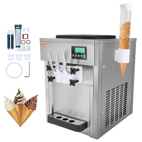VEVOR Commercial Ice Cream Machine, 21 QT/H Yield, 1800W 3-Flavor Countertop Soft Serve Ice Cream Maker, 2 x 4L Hopper 2 x 1.8L Cylinder, LCD Panel Auto Clean Pre-cooling, for Restaurant Snack Bar