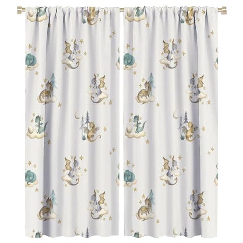 Fantasy Cute Baby Dragon Curtains - Watercolor Mid Century Woodland Cartoon Dragon Thermal Insulated Blackout Curtains - Rod Pocket Window Treatment Drapes for Bedroom 2 Panels 54L x 21W