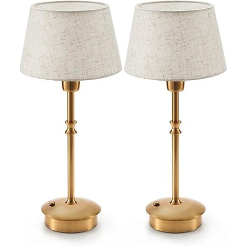 UMEXUS Small Cordless Lamp Rechargeable Table Lamps Set of 2, Dimmable Battery Operated Lights, Portable Accent Light for Side Table Restaurant Dining Outdoor, Beige Fabric Shade, Antique Brass