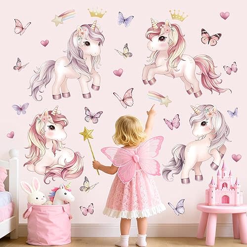 wondever Unicorn Butterfly Wall Stickers Pink Unicorn Rainbow Heart Peel and Stick Wall Art Decals for Girls Bedroom Kids Room Baby Nursery