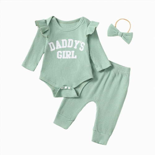 TOWED22 Newborn Baby Girl Fall Winter Clothes Long Sleeve Ribbed Romper Onesie Bowknot Pants Headband 3Pcs Clothing Set,0-3 M