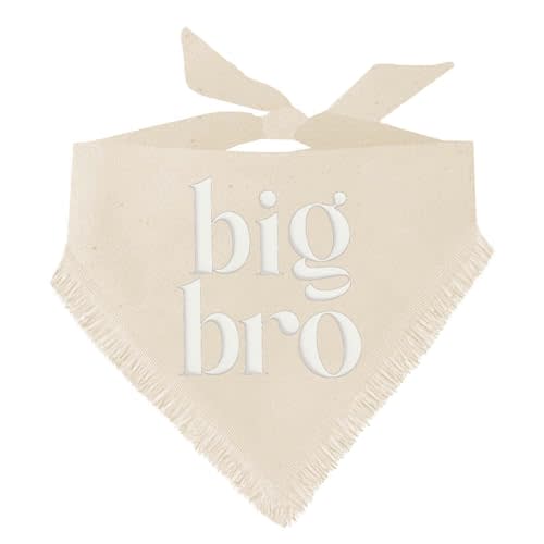 Big Bro Puff Printed Dog Bandana | Boho Fringe | 100% Unbleached Cotton | Pregnancy Announcement Photoshoot Prop | New Baby | Gender Reveal |Natural, Trim 1 (1310)
