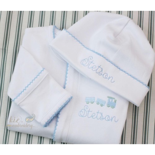 Monogrammed Baby Hat: Personalized, Embroidered Train, Blue Picot Trim, Coming Home Outfit