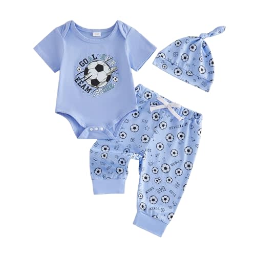 Newborn Baby Boy Girl Soccer Outfit Apparently I Like Soccer Short Sleeve Bodysuit Printed Pants Hat Set 3pc Clothes