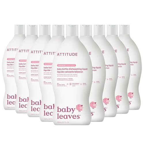ATTITUDE Baby Bottle & Dish Soap, EWG Verified Bottle Cleaner, Fragrance Free & Dye Free, Removes Milk Residue & Grease, Vegan, Unscented, 23.7 Fl Oz (Pack of 9)