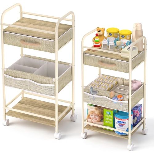Baby Cart Organizer, Oxford Fabric Diaper Cart with Wooden Divider